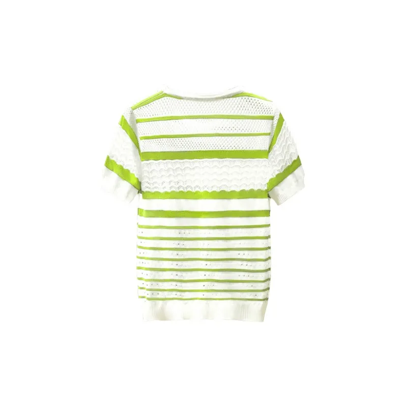 Cypress House Knitwear Women's White Base Navy Blue Stripes-5