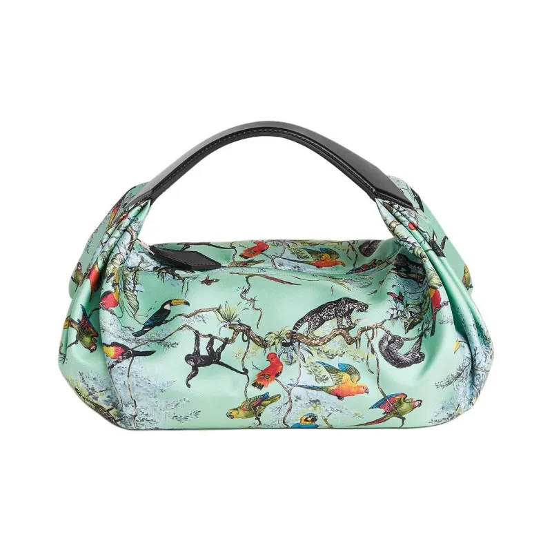 HERMES Balusoie Silk Patchwork Hunter Cow Leather Lunch Box Bag Handbag Women's Mint Green With Black Accents-0