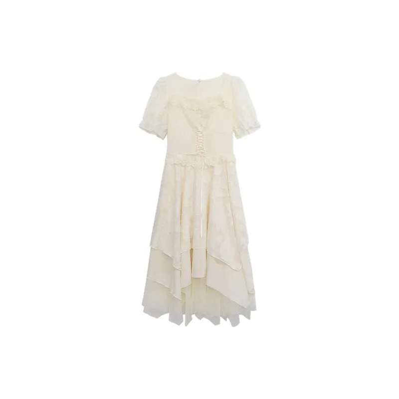 Vine Color Short Sleeved Dress Women's Apricot-1