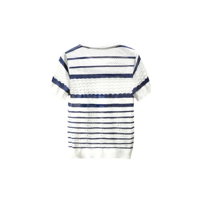 Cypress House Knitwear Women's White Base Navy Blue Stripes-1