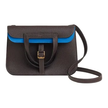HERMES Halzan Clemence Bullock Leather Horseshoe Handbag, Shoulder Bag, Crossbody Bag Women's Ebony & Zanzibar Blue