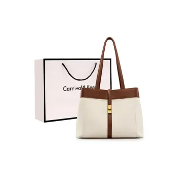 Carnival Keep Cow Leather With Synthetic Leather Tote Handbag, Shoulder Bag Regular Women's Coffee & White