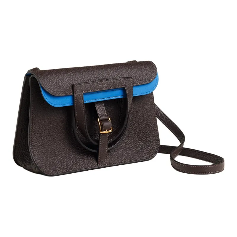 HERMES Halzan Clemence Bullock Leather Horseshoe Handbag, Shoulder Bag, Crossbody Bag Women's Ebony & Zanzibar Blue-1