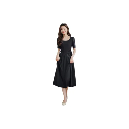 SLLSKY Short-Sleeved Dresses Women's Modern Black