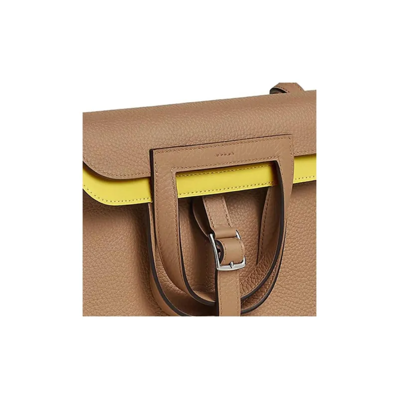 HERMES Halzan Clemence Bullock Leather Horse Shoe Bag Handbag Shoulder Bag Crossbody Bag Women's Milk Tea Beige/Lemon-3