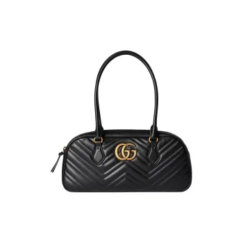 GUCCI GG Marmont Herringbone Leather One Shoulder Handbag Medium Size Women's Black