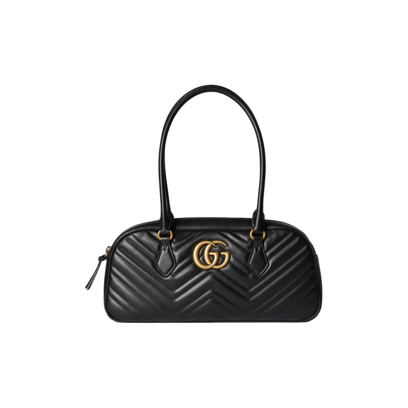 GUCCI GG Marmont Herringbone Leather One Shoulder Handbag Medium Size Women's Black-0