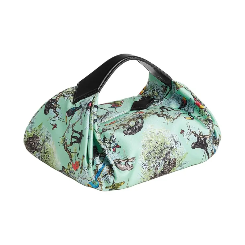 HERMES Balusoie Silk Patchwork Hunter Cow Leather Lunch Box Bag Handbag Women's Mint Green With Black Accents-2