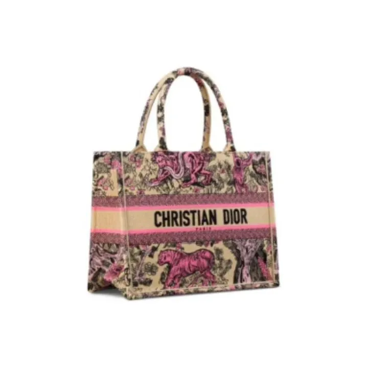 DIOR Embroidery Tote Bag Shopping Bag Handbag Medium Size Women's Beige & Pink-1