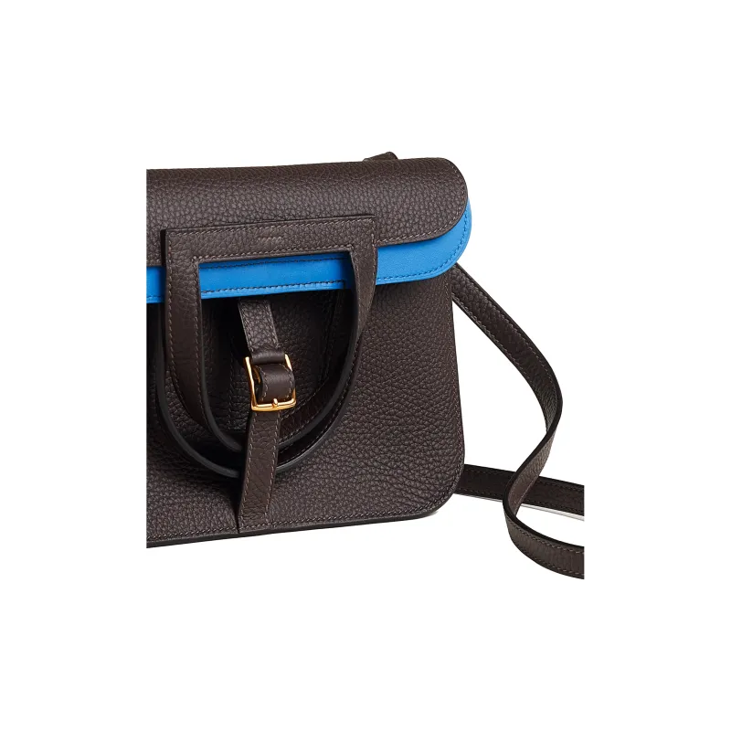 HERMES Halzan Clemence Bullock Leather Horseshoe Handbag, Shoulder Bag, Crossbody Bag Women's Ebony & Zanzibar Blue-3