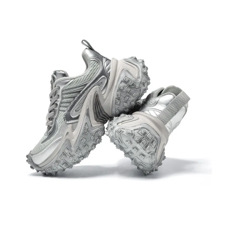 CHERYKALLY Chunky Sneakers Women's Low Top Silver/Gray-3
