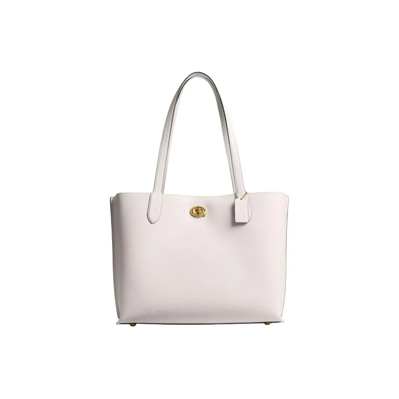 COACH Willow Polished Pebbled Leather Tote Bag, Shopping Bag, Shoulder Bag, Handbag Tubas Women's Brass & Chalk-0