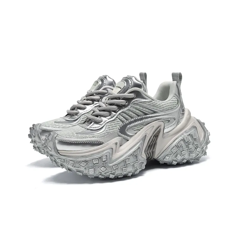 CHERYKALLY Chunky Sneakers Women's Low Top Silver/Gray-1