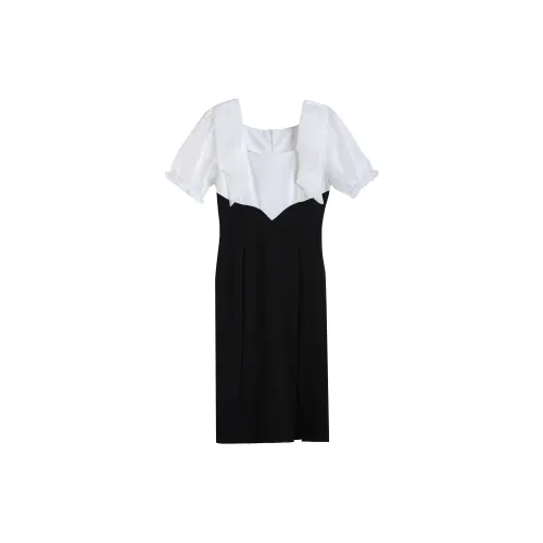 RTNH Short-Sleeved Dresses Women's Black/White Patchwork Long Style