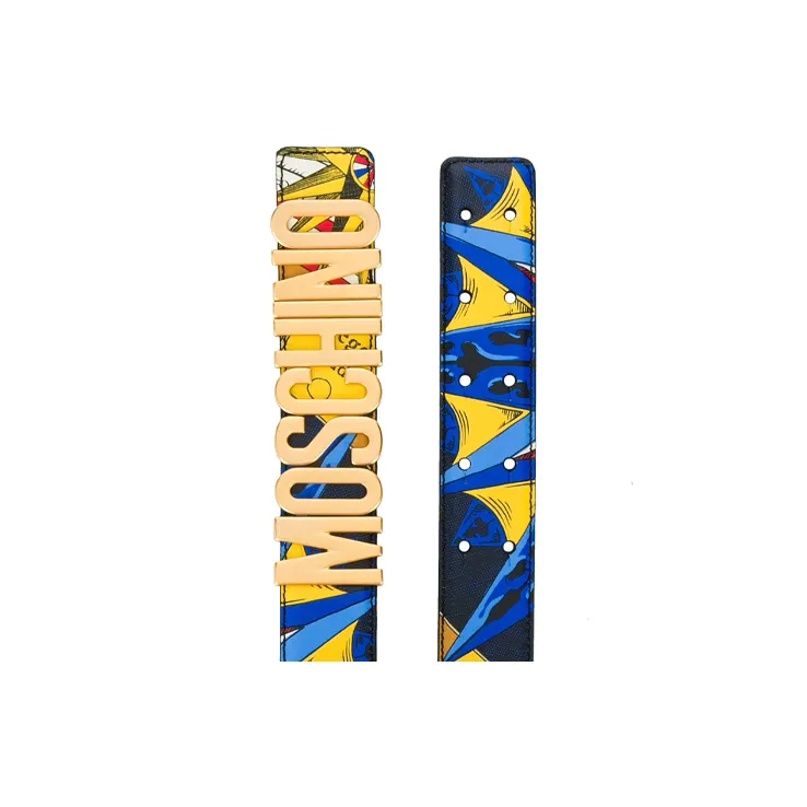 MOSCHINO Large Pattern Smooth Buckle Leather Belts Men's Blue Width: 4CM-2