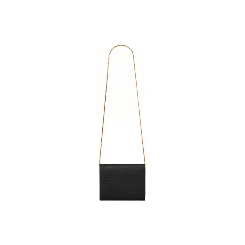 SAINT LAURENT Crocodile Embossed Bright Leather Chain Wallet, Envelope Bag, Crossbody Bag, Shoulder Bag Women's Black-4