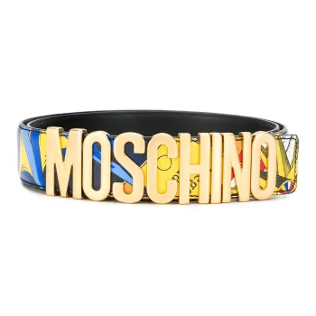 MOSCHINO Large Pattern Smooth Buckle Leather Belts Men's Blue Width: 4CM