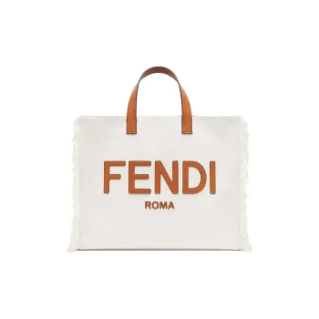 FENDI Jacquard With Leather Tote Bag Shopping Bag Shoulder Bag Crossbody Bag Handbag Large Size Unisex White