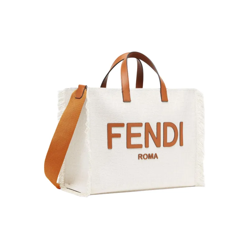 FENDI Jacquard With Leather Tote Bag Shopping Bag Shoulder Bag Crossbody Bag Handbag Large Size Unisex White-1