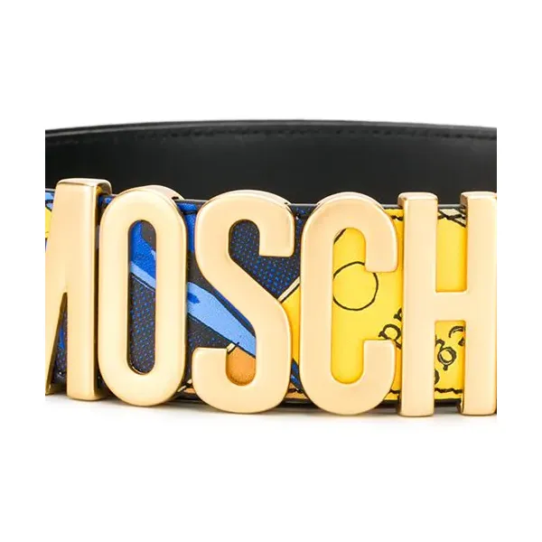 MOSCHINO Large Pattern Smooth Buckle Leather Belts Men's Blue Width: 4CM-1