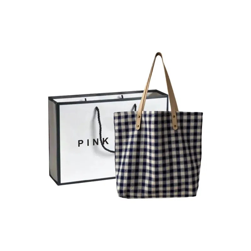 PINK·LAND Canvas Tote Bag Shopping Bag Canvas Bag Shoulder Bag Regular Women's Light Blue Plaid Bag / Navy Plaid Bag-0