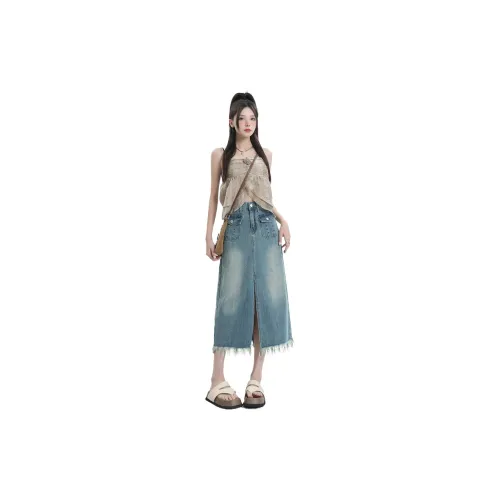 BENGEN Denim Long Skirts Women's Blue