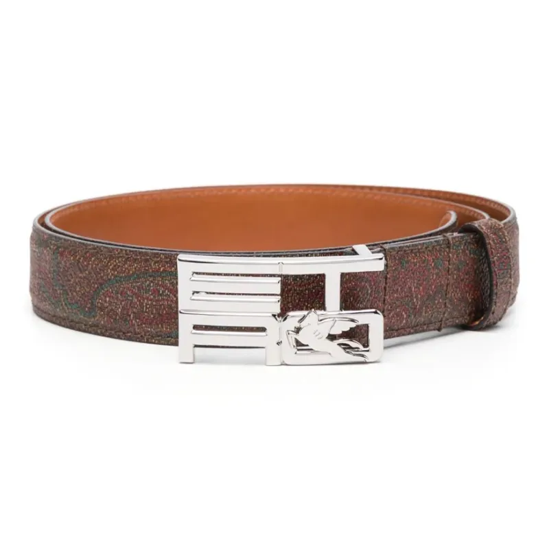 ETRO Pese Print Smooth Buckle Leather Belts Men's Umber Width: 3CM-0