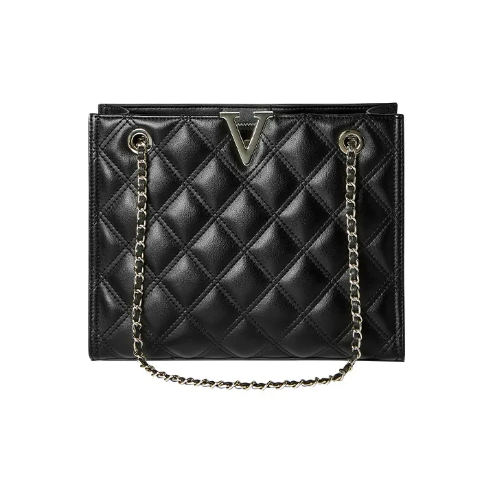 15 MINS Cow Leather Patchwork Synthetic Leather Commuter Bag Chain Bag Tote Shoulder Bag Regular Women's Black-1