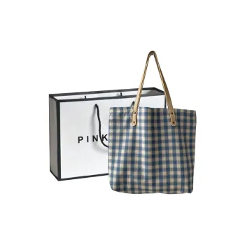 PINK·LAND Canvas Tote Bag Shopping Bag Canvas Bag Shoulder Bag Regular Women's Light Blue Plaid Bag / Navy Plaid Bag