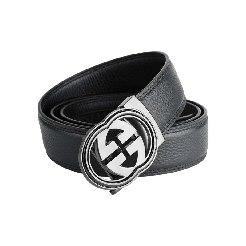 PISHUSHU Trendy Commute Automatic Buckle Top Grain Cow Leather Leather Belts Men's Black Gunmetal Buckle Width  3.5cm-2