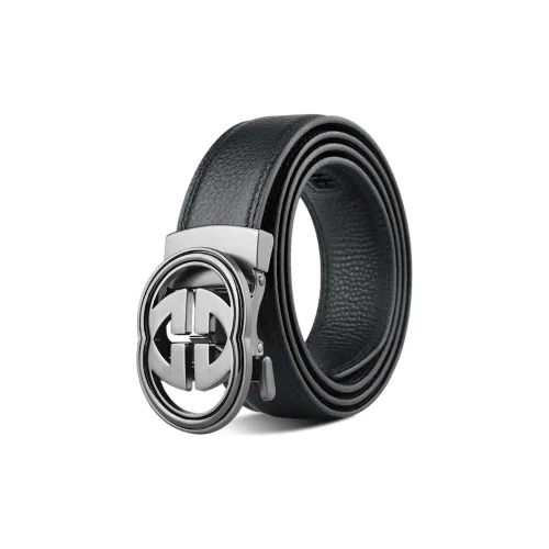 PISHUSHU Trendy Commute Automatic Buckle Top Grain Cow Leather Leather Belts Men's Black Gunmetal Buckle Width: 3.5cm