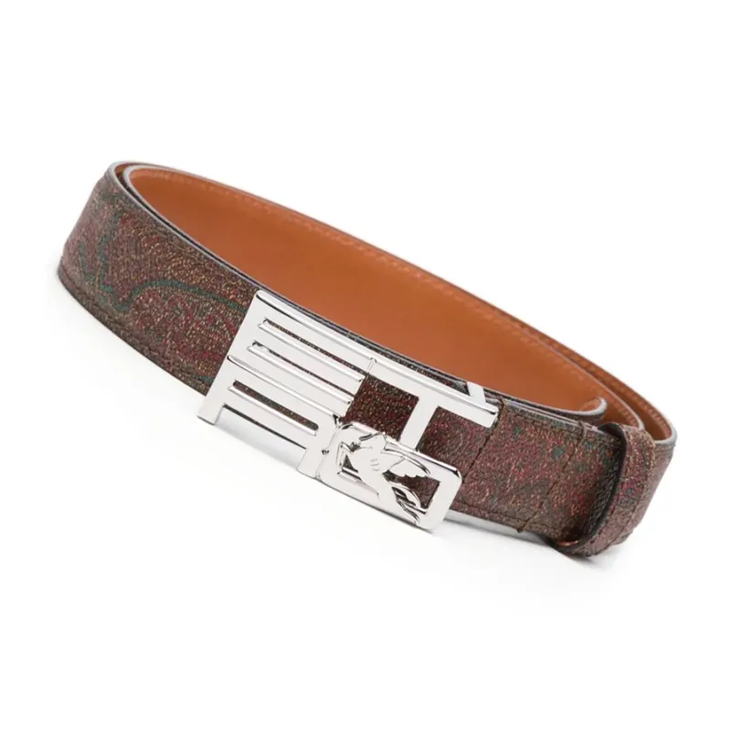 ETRO Pese Print Smooth Buckle Leather Belts Men's Umber Width: 3CM-1