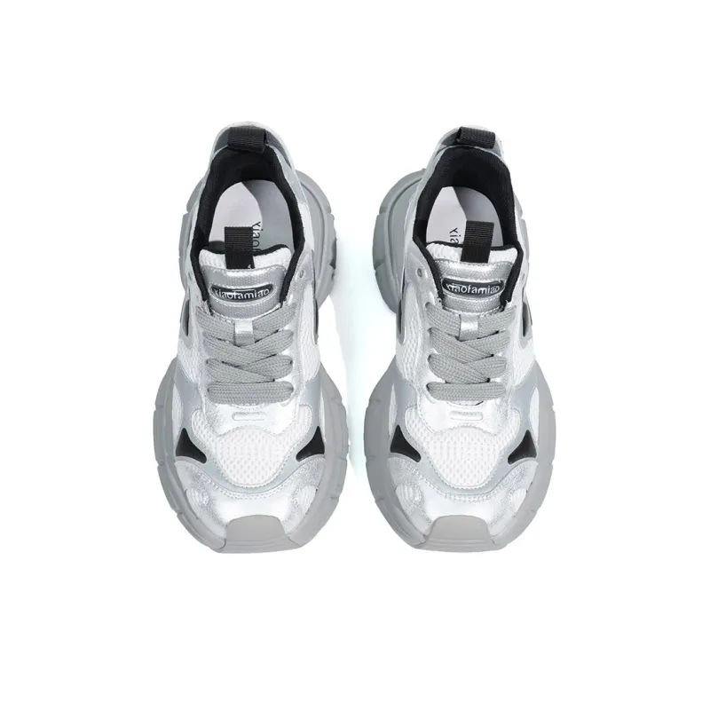 XIAOFAMIAO Chunky Sneakers Women's Low Top White/Gunmetal/Silver Gray-3