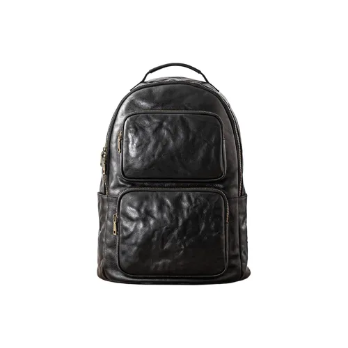Back Step Top Grain Cow Leather Vegetable Tanned Cow Leather Backpack Large Size Unisex Black/Coffee