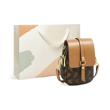 15 MINS PVC Cell Phone Pouch Shoulder Bag Crossbody Bag Small Size Women's Coffee/Ecru