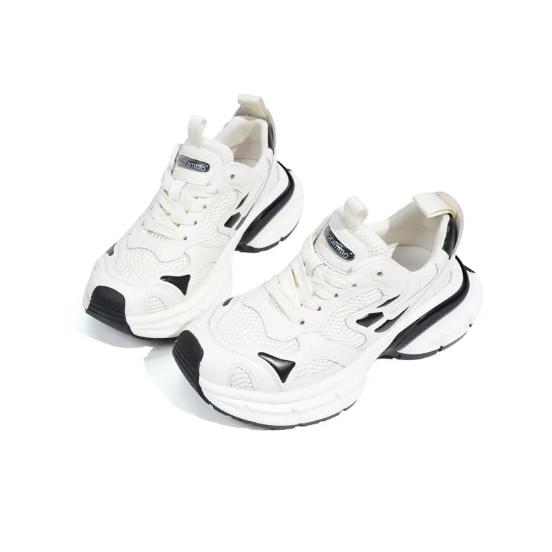 XIAOFAMIAO Chunky Sneakers Women's Low Top White/Gunmetal/Silver Gray-7