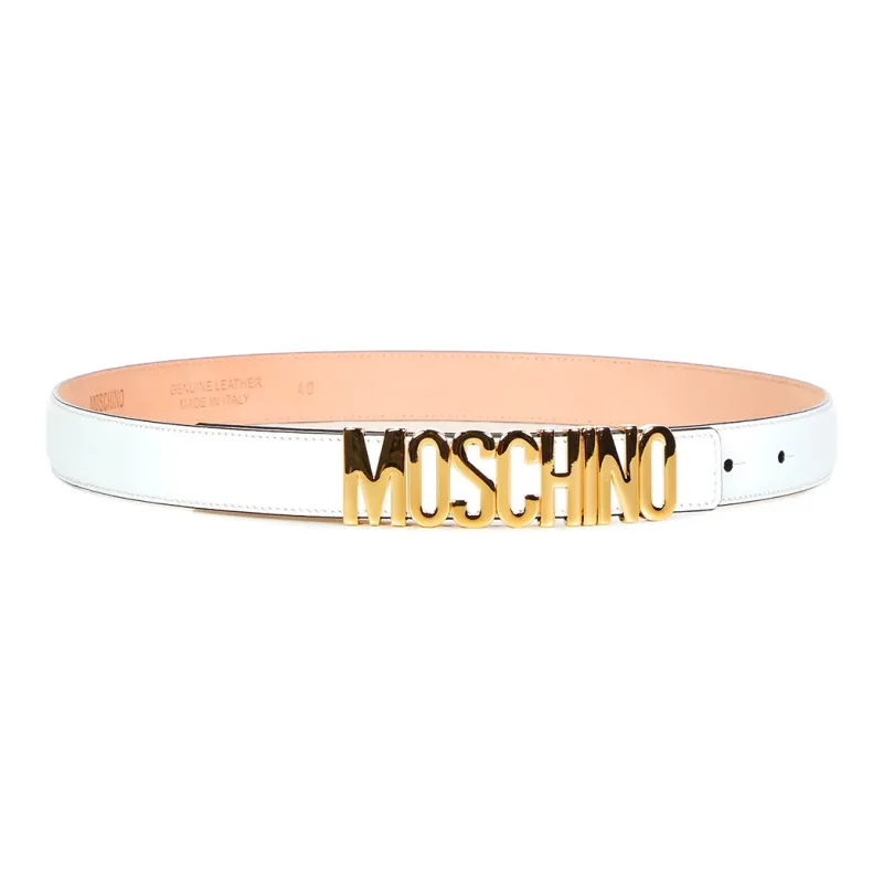 MOSCHINO Letter Badge Smooth Buckle Leather Belts Women's White Width: 2CM-0