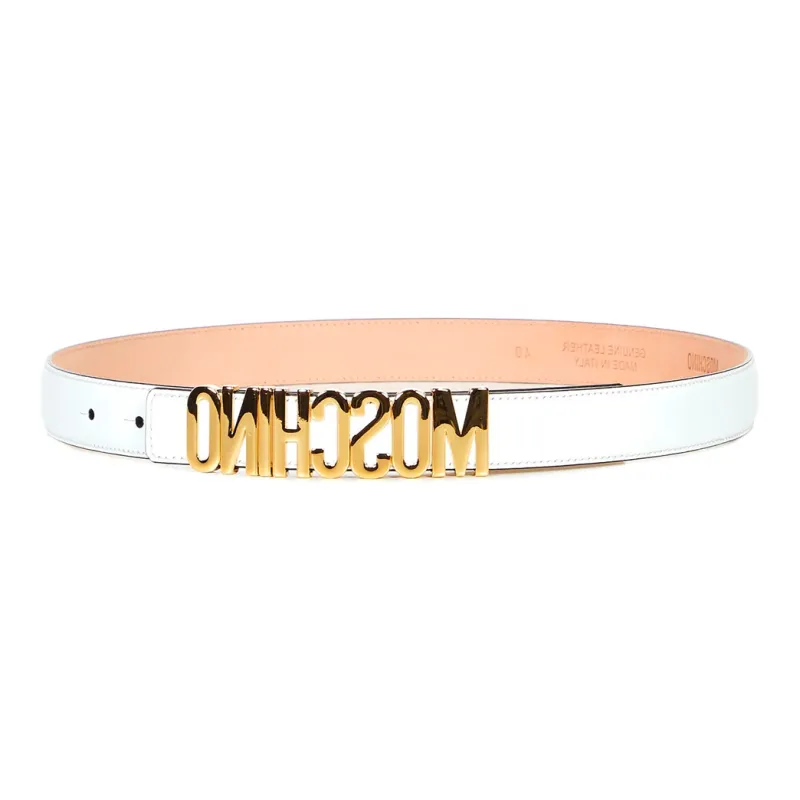 MOSCHINO Letter Badge Smooth Buckle Leather Belts Women's White Width: 2CM-1