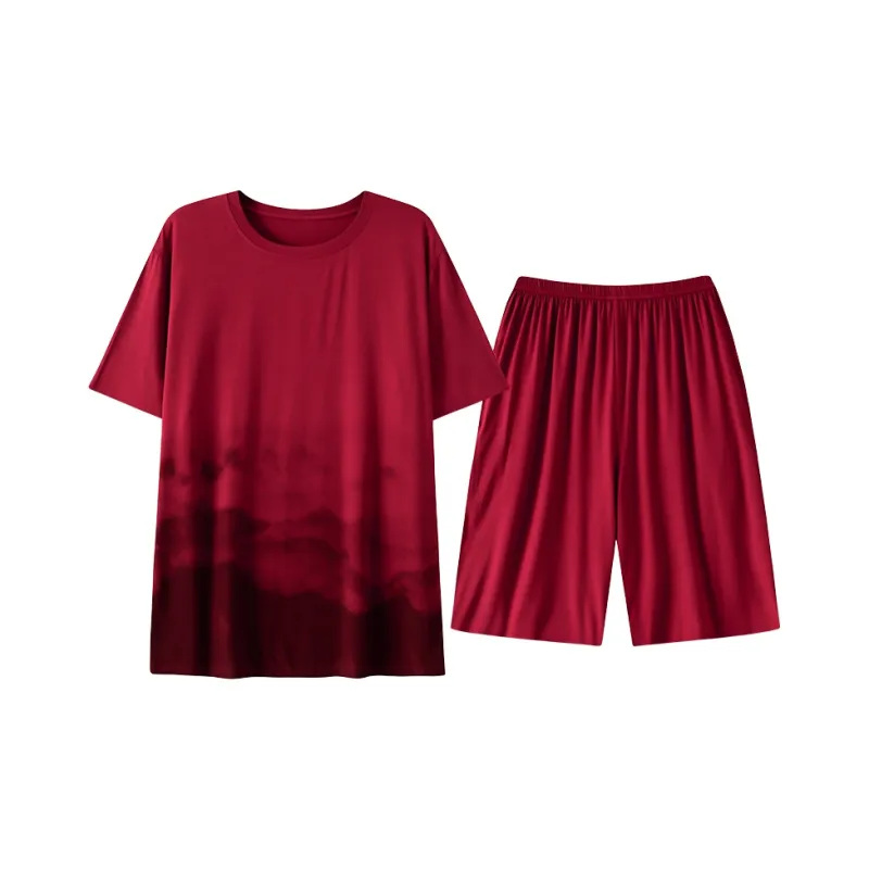 Close fitting Areas Pajama Set Men's Maroon-0