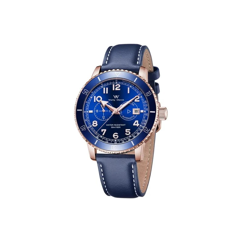 Welly Merck Automatic Mechanical Movement Leather Strap Watch Men's Watches Blue Dial WM147M-6