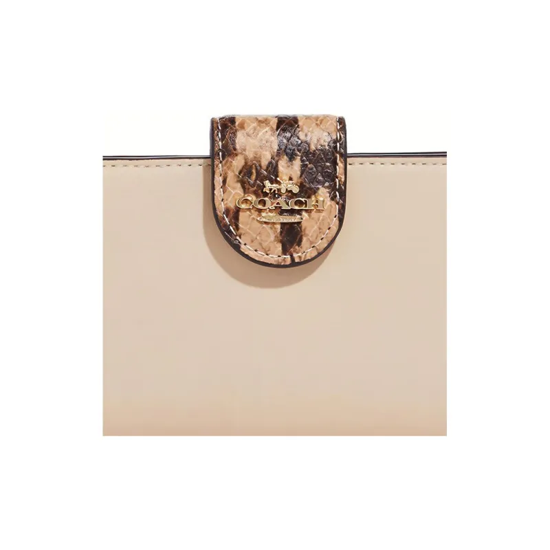 COACH Corner Zip Smooth Leather With Snakeskin Print And Embossed Leather Card Holder Wallet Women's Ivory White-3