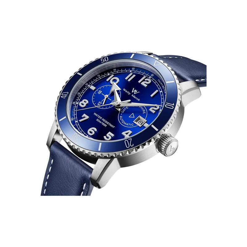 Welly Merck Automatic Mechanical Movement Leather Strap Watch Men's Watches Blue Dial WM147M-2