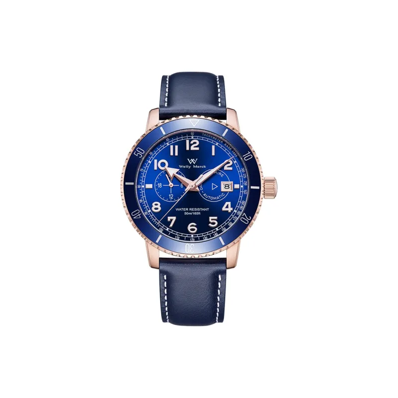 Welly Merck Automatic Mechanical Movement Leather Strap Watch Men's Watches Blue Dial WM147M-5