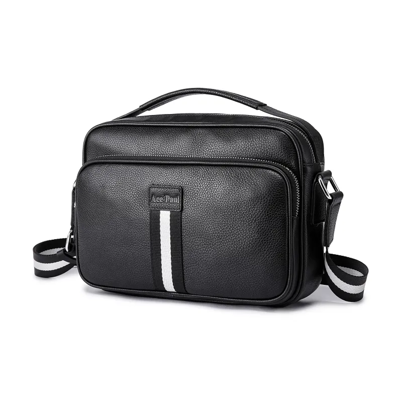 Ace Paul Top Grain Cow Leather Shoulder Bag Crossbody Bag Handbag Medium Size Unisex Black-1