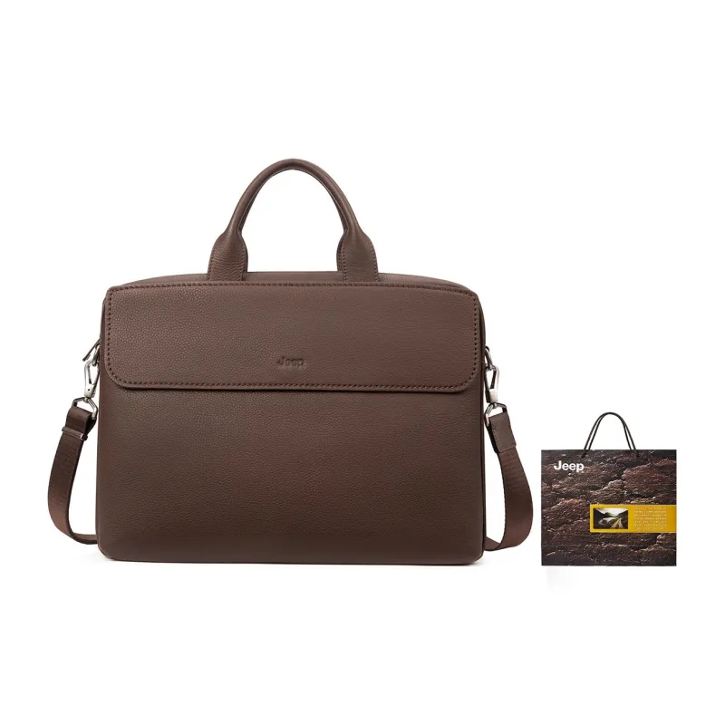 Jeep Top Grain Cow Leather, Pure Cow Leather Laptop Bag, One Shoulder Handbag Regular Men's Coffee-0