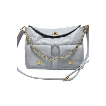 CHANEL Smooth Cow Leather Handbag, Shoulder Bag, Crossbody Bag Large Size Women's Gray Blue