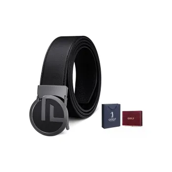 GOLF Top Grain Cow Leather Automatic Buckle Belt Men's Black Gunmetal/Gold 3.5cm
