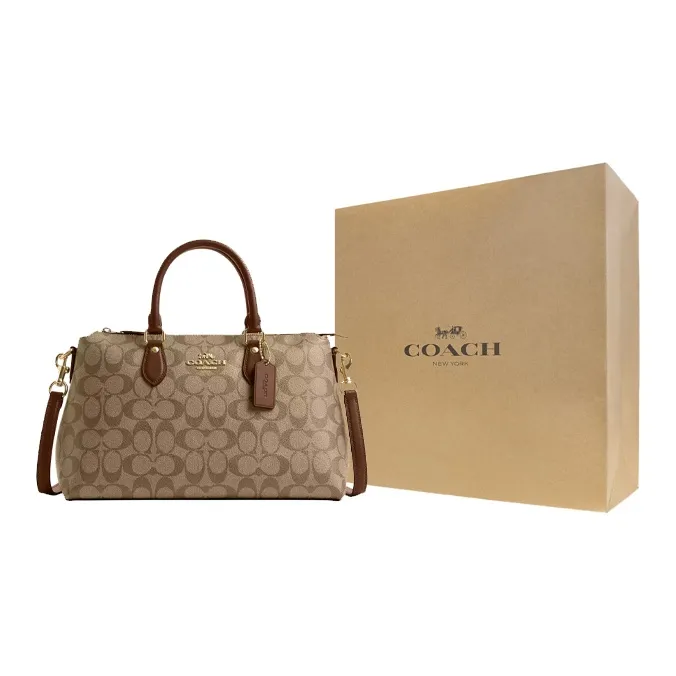 COACH Coated Canvas With Smooth Leather Shoulder Bag Crossbody Bag Handbag Women's Khaki & Saddle Brown-6