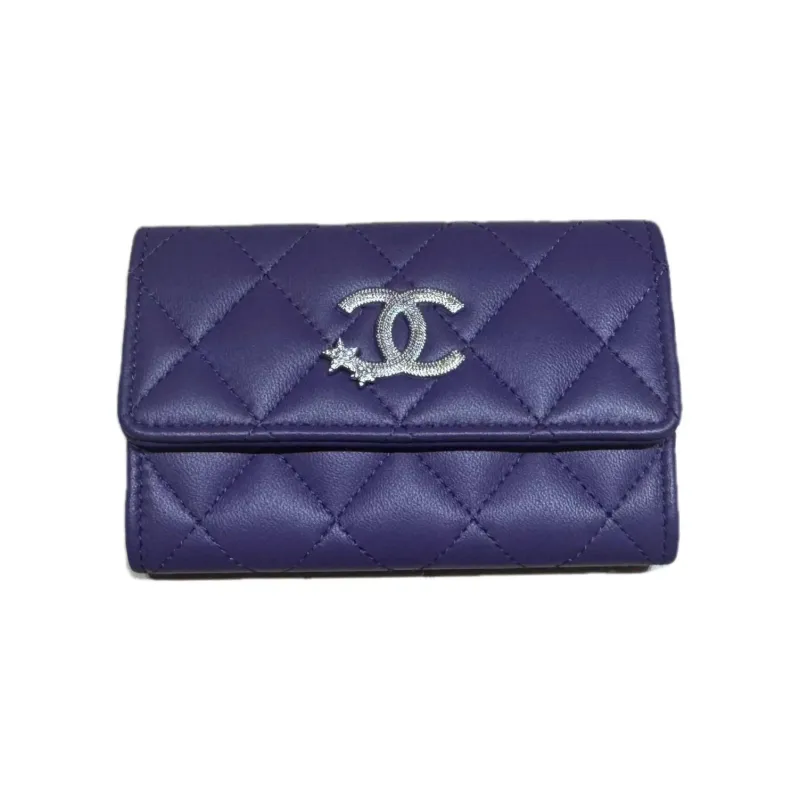 CHANEL Sheepskin Wallet, Card Holder Women's Purple-0