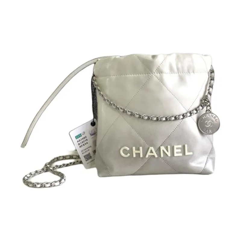CHANEL 22Bag Calfskin Bucket Bag, Shoulder Bag, Crossbody Bag Mini Women's Silver & White-0